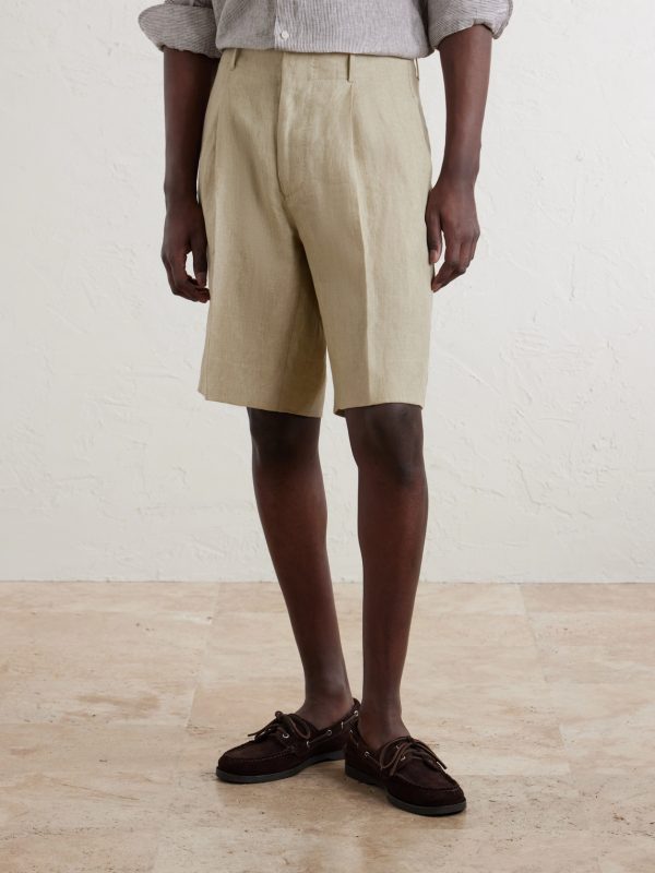 Straight-Leg Pleated Linen Shorts - FR