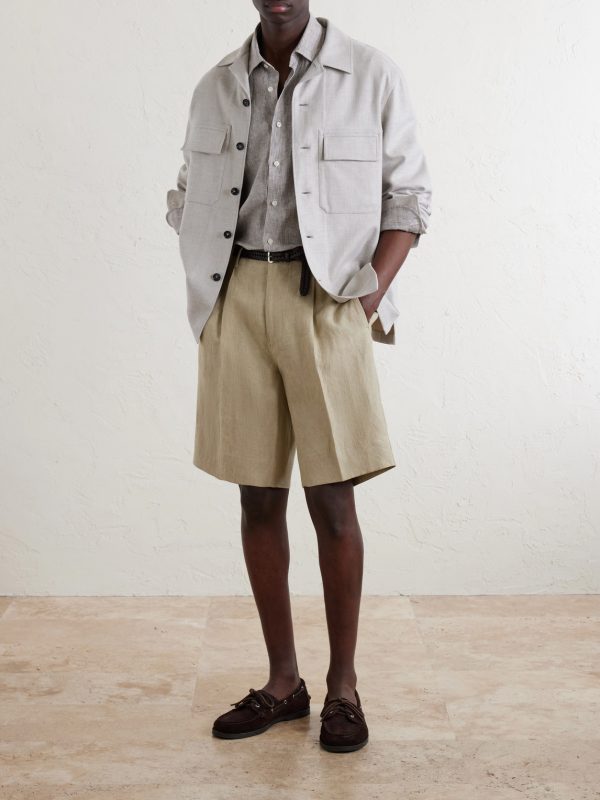 Straight-Leg Pleated Linen Shorts - OU