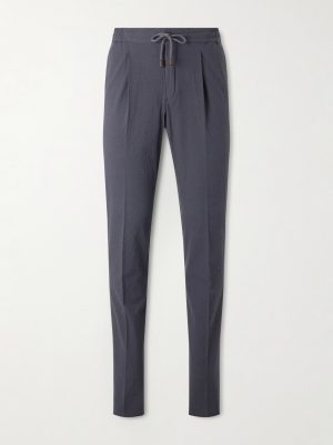 Tapered Cotton-Blend Seersucker Trousers Tapered Cotton-Blend Seersucker Trousers