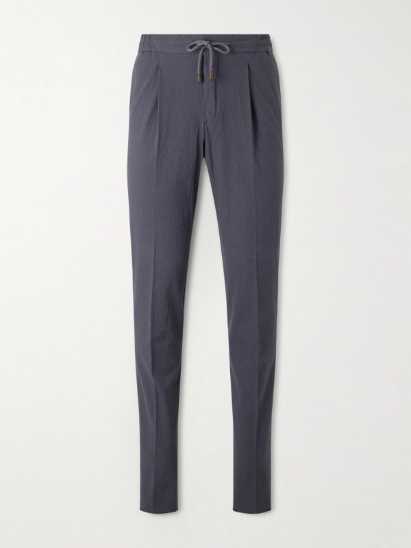 Tapered Cotton-Blend Seersucker Trousers
