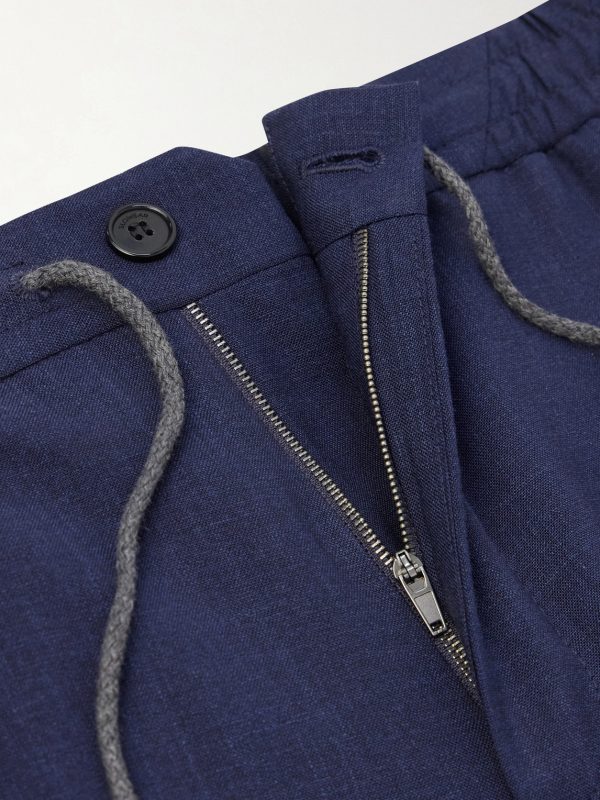 Tapered Pleated Virgin Wool, Silk and Linen-Blend Drawstring Trousers - E1