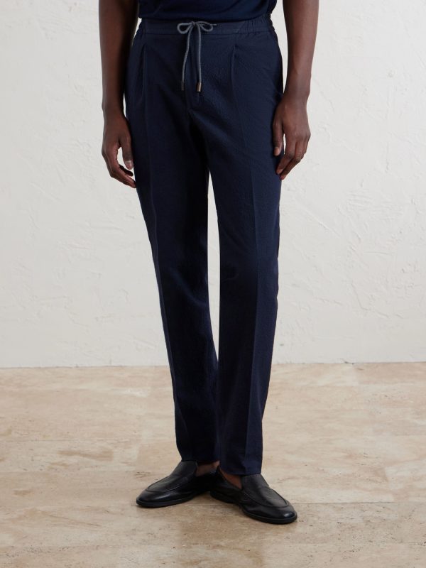 Tapered Cotton-Blend Seersucker Trousers - FR
