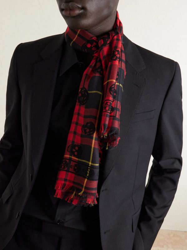 Fringed Checked Wool and Silk-Blend Scarf - FR