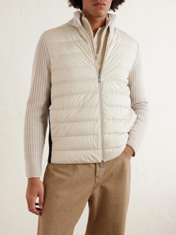 Shell-Trimmed Ribbed Wool Down Zip-Up Cardigan - FR Shell-Trimmed Ribbed Wool Down Zip-Up Cardigan - FR