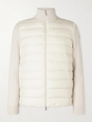 Shell-Trimmed Ribbed Wool Down Zip-Up Cardigan