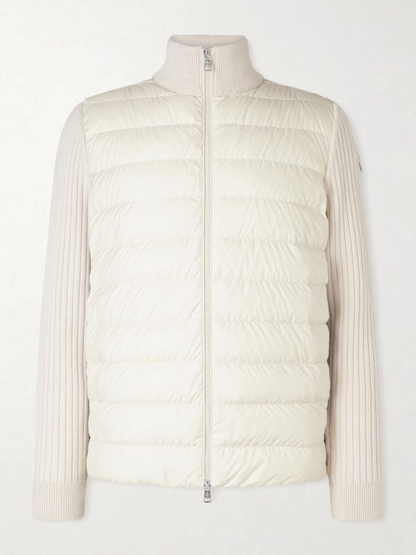 Shell-Trimmed Ribbed Wool Down Zip-Up Cardigan Shell-Trimmed Ribbed Wool Down Zip-Up Cardigan