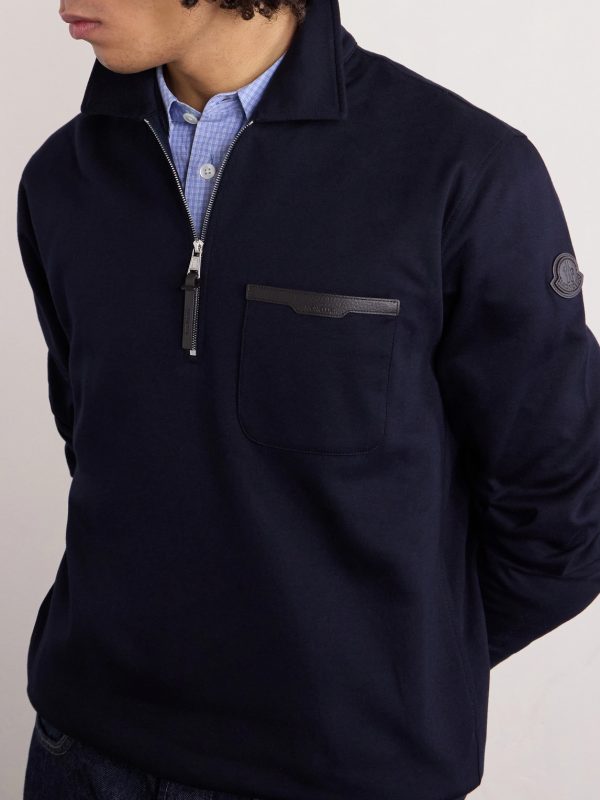 Leather-Trimmed Cotton-Jersey Half-Zip Polo Shirt - CU Leather-Trimmed Cotton-Jersey Half-Zip Polo Shirt - CU