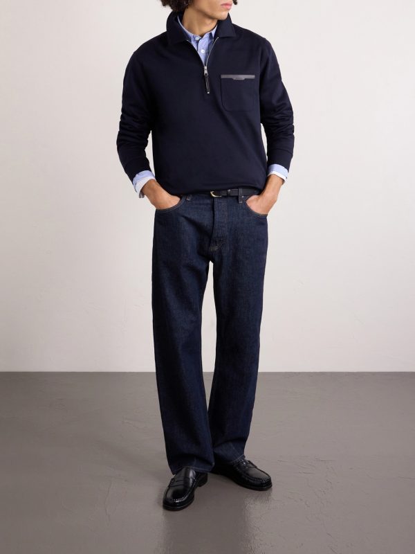 Leather-Trimmed Cotton-Jersey Half-Zip Polo Shirt - OU Leather-Trimmed Cotton-Jersey Half-Zip Polo Shirt - OU