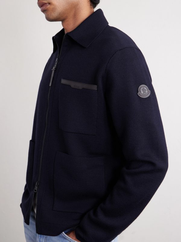 Leather-Trimmed Virgin Wool Zip-Up Cardigan - CU Leather-Trimmed Virgin Wool Zip-Up Cardigan - CU