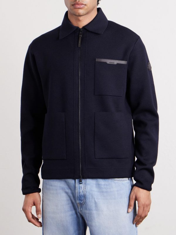 Leather-Trimmed Virgin Wool Zip-Up Cardigan - FR Leather-Trimmed Virgin Wool Zip-Up Cardigan - FR