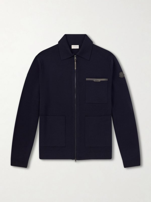 Leather-Trimmed Virgin Wool Zip-Up Cardigan Leather-Trimmed Virgin Wool Zip-Up Cardigan