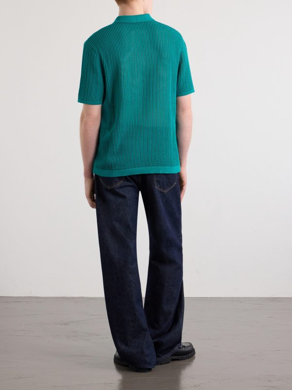 Open-Collar Open-Knit Cotton Polo Shirt - BK Open-Collar Open-Knit Cotton Polo Shirt - BK
