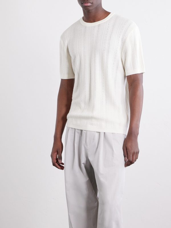 Striped Pointelle-Knit Merino Wool T-Shirt - FR Striped Pointelle-Knit Merino Wool T-Shirt - FR