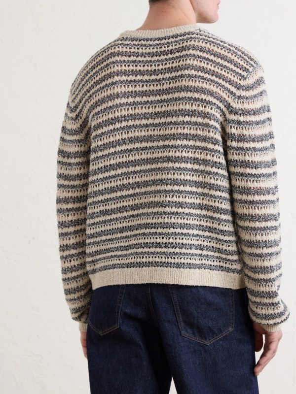 Striped Open-Knit Cotton-Blend Sweater - BK Striped Open-Knit Cotton-Blend Sweater - BK