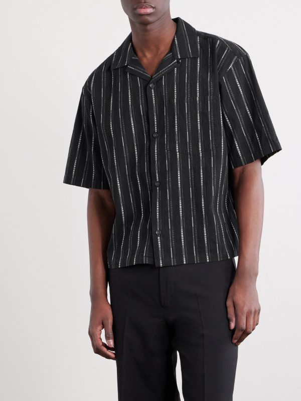 Camp-Collar Striped Cotton-Blend Jacquard Shirt - FR Camp-Collar Striped Cotton-Blend Jacquard Shirt - FR