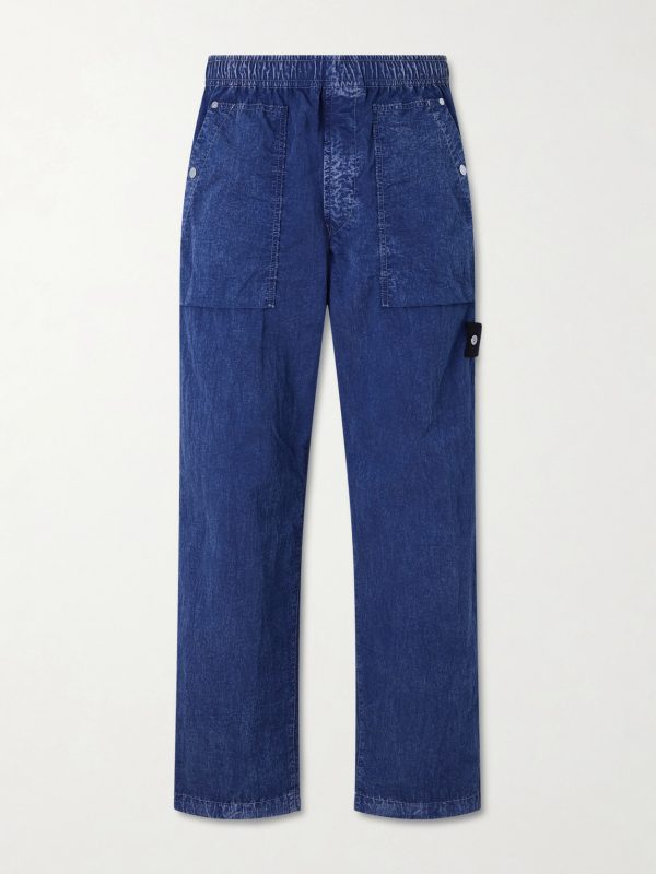 STONE ISLAND DENIM Straight-Leg Logo-Appliquéd Crinkled-Shell Trousers STONE ISLAND DENIM Straight-Leg Logo-Appliquéd Crinkled-Shell Trousers