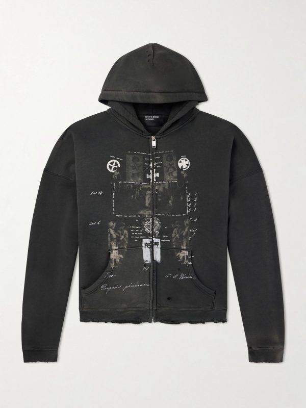 Djagilve's Grave Distressed Printed Cotton-Jersey Zip-Up Hoodie Djagilve's Grave Distressed Printed Cotton-Jersey Zip-Up Hoodie
