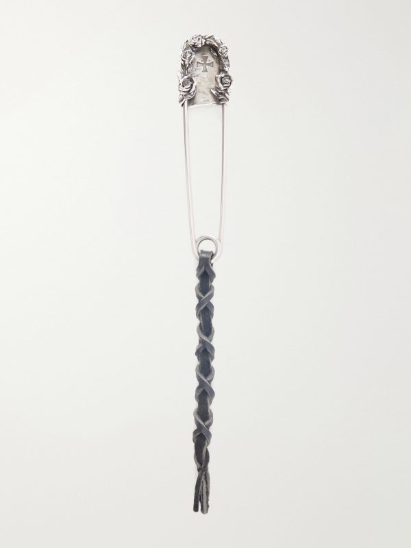 Oversized Safety Pin Leather-Trimmed Sterling Silver Keyring - BK Oversized Safety Pin Leather-Trimmed Sterling Silver Keyring - BK