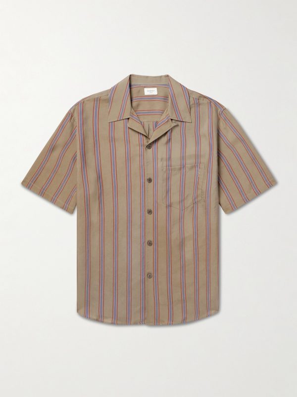 Camp-Collar Logo-Embroidered Striped Twill Shirt Camp-Collar Logo-Embroidered Striped Twill Shirt