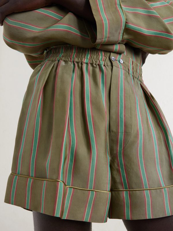 Wide-Leg Piped Pleated Striped Recycled-Twill Shorts - CU Wide-Leg Piped Pleated Striped Recycled-Twill Shorts - CU