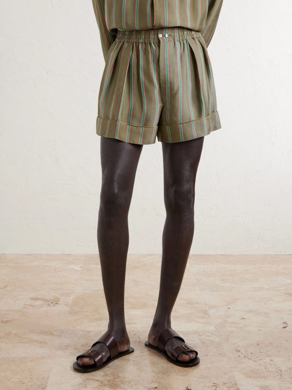 Wide-Leg Piped Pleated Striped Recycled-Twill Shorts - FR Wide-Leg Piped Pleated Striped Recycled-Twill Shorts - FR