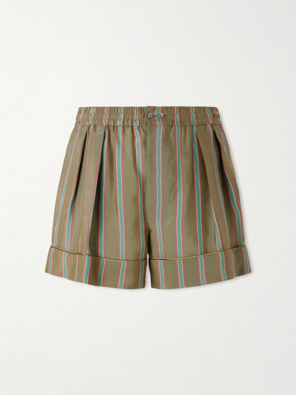 Wide-Leg Piped Pleated Striped Recycled-Twill Shorts Wide-Leg Piped Pleated Striped Recycled-Twill Shorts