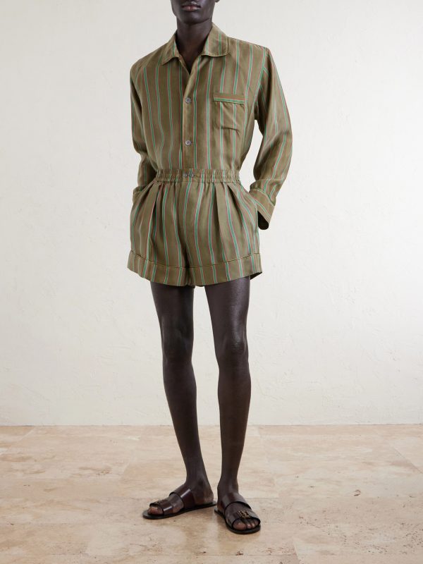 Wide-Leg Piped Pleated Striped Recycled-Twill Shorts - OU Wide-Leg Piped Pleated Striped Recycled-Twill Shorts - OU