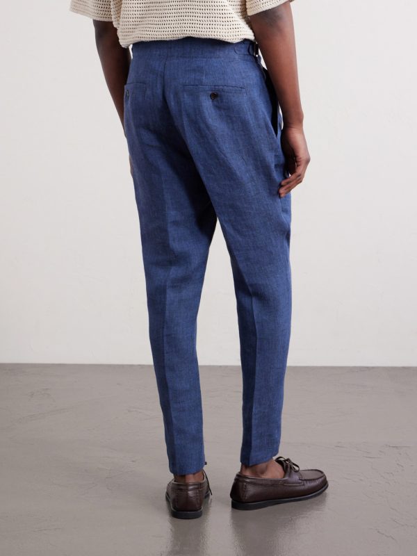 Steve Tapered Pleated Herringbone Linen Trousers - BK