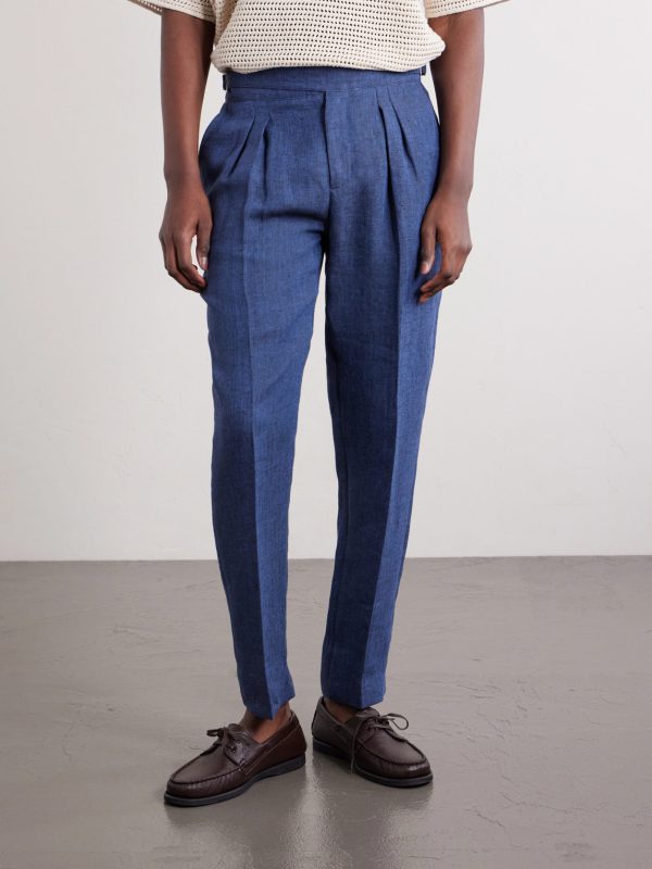 Steve Tapered Pleated Herringbone Linen Trousers - FR
