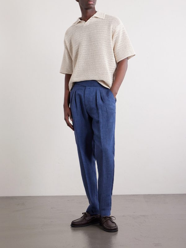 Steve Tapered Pleated Herringbone Linen Trousers - OU