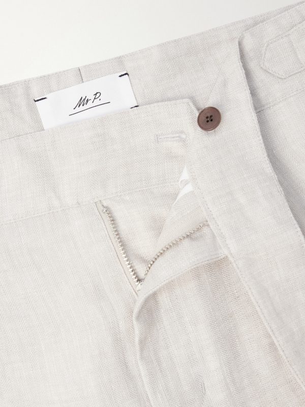 Steve Tapered Pleated Herringbone Linen Trousers - E1