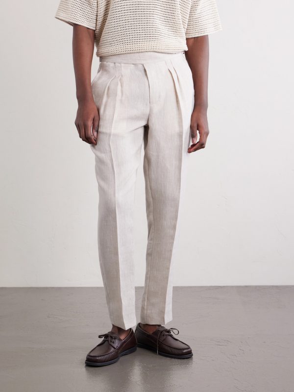 Steve Tapered Pleated Herringbone Linen Trousers - FR