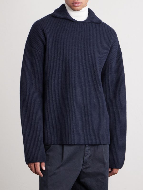 Oversized Ribbed Wool and Cashmere-Blend Polo Sweater - FR Oversized Ribbed Wool and Cashmere-Blend Polo Sweater - FR