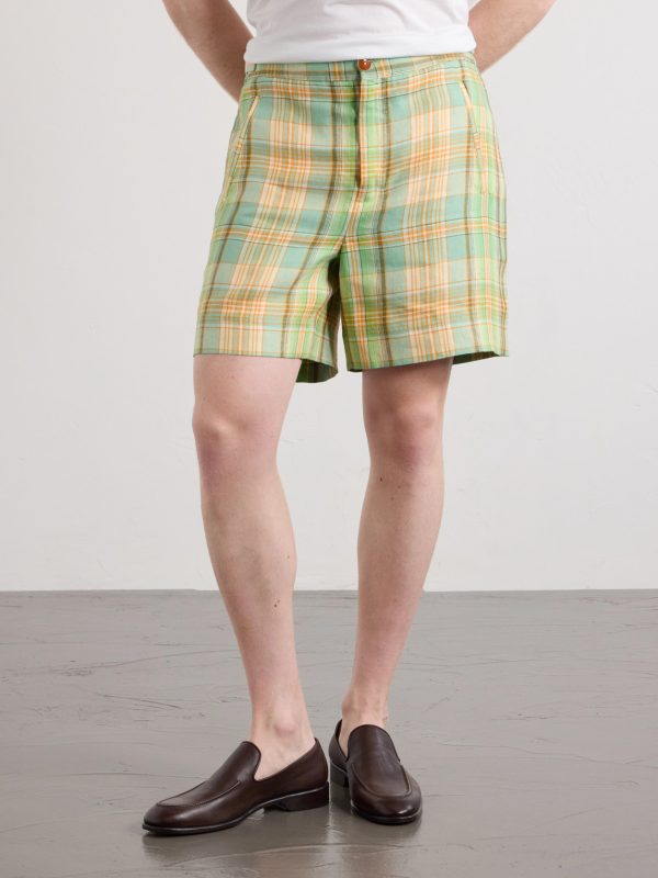 Straight-Leg Checked Linen Shorts - FR Straight-Leg Checked Linen Shorts - FR