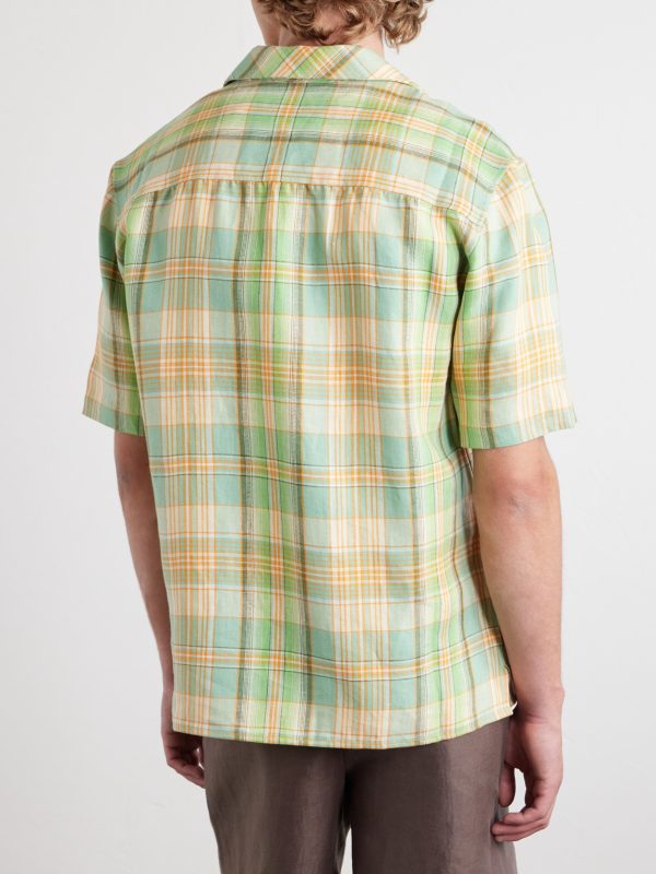 Convertible-Collar Checked Linen Shirt - BK Convertible-Collar Checked Linen Shirt - BK