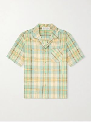Convertible-Collar Checked Linen Shirt