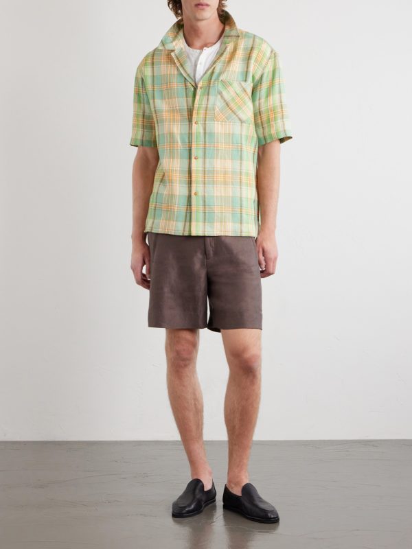 Convertible-Collar Checked Linen Shirt - OU Convertible-Collar Checked Linen Shirt - OU