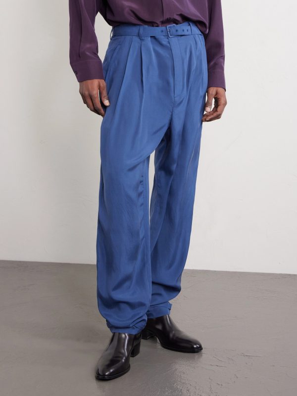 Tapered Belted Pleated Silk Trousers - FR Tapered Belted Pleated Silk Trousers - FR