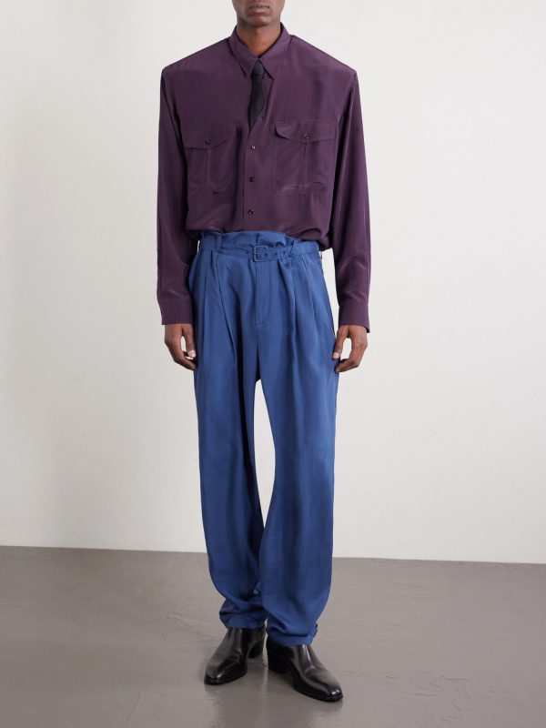Tapered Belted Pleated Silk Trousers - OU Tapered Belted Pleated Silk Trousers - OU