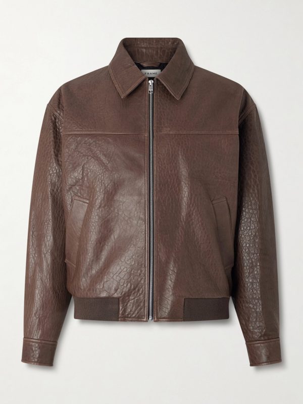 Textured-Leather Bomber Jacket