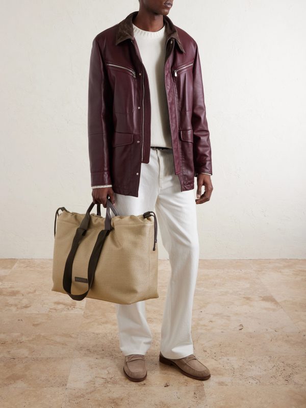 Leather-Trimmed Raffia Weekend Bag - OU Leather-Trimmed Raffia Weekend Bag - OU