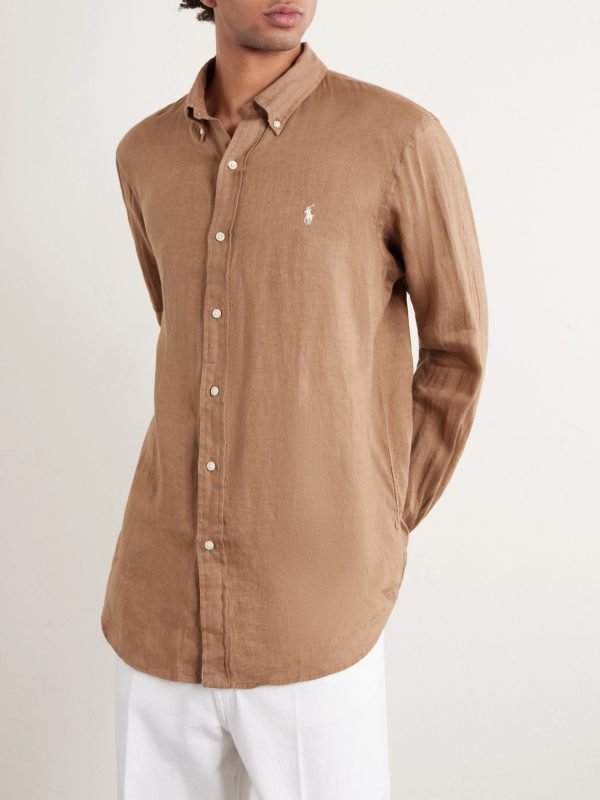 Button-Down Collar Logo-Embroidered Linen Shirt - FR Button-Down Collar Logo-Embroidered Linen Shirt - FR