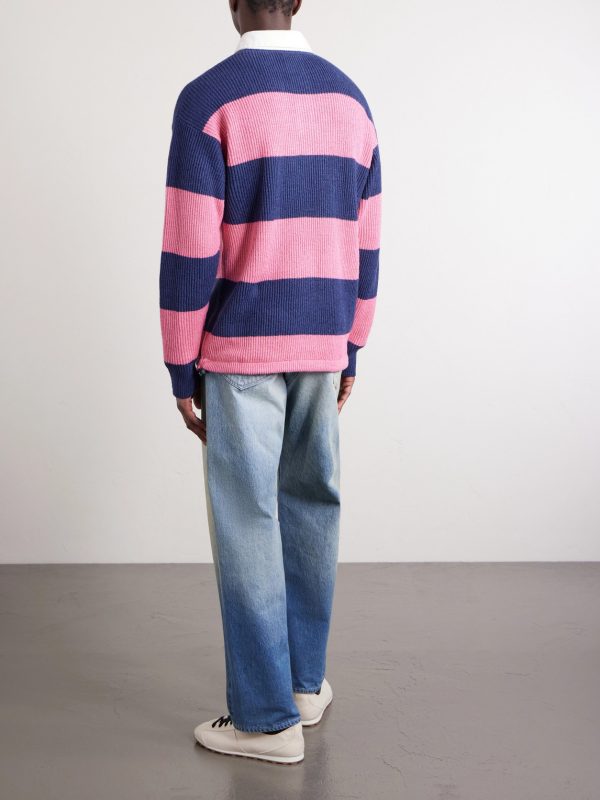 Striped Ribbed Linen and Cotton-Blend Polo Shirt - BK Striped Ribbed Linen and Cotton-Blend Polo Shirt - BK