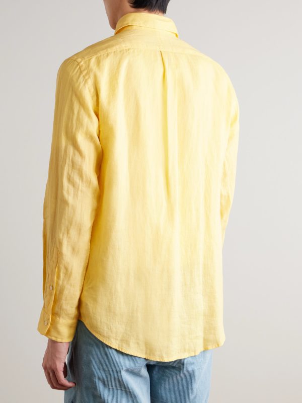 Button-Down Collar Logo-Embroidered Linen Shirt - BK