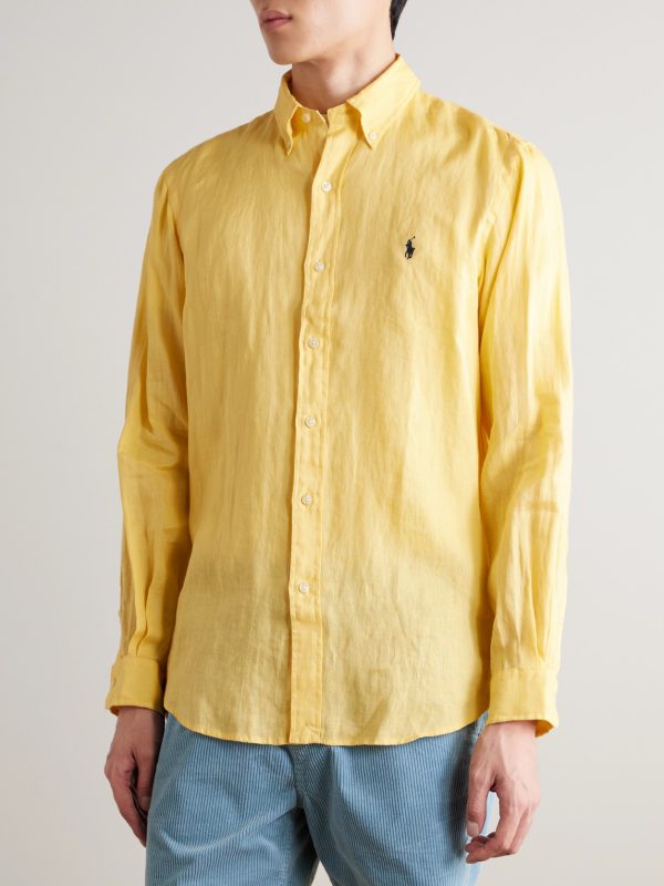 Button-Down Collar Logo-Embroidered Linen Shirt - FR