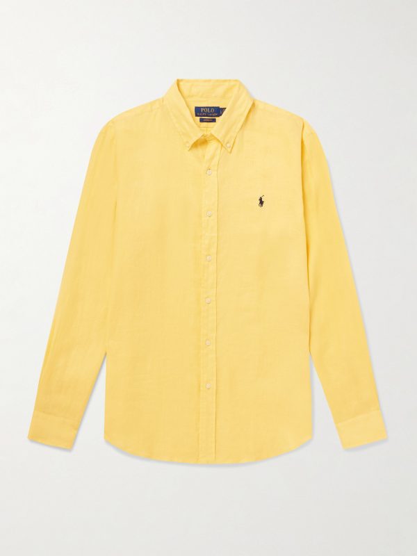 Button-Down Collar Logo-Embroidered Linen Shirt