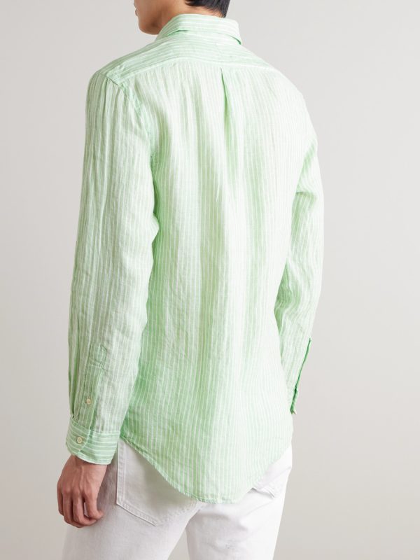 Button-Down Collar Logo-Embroidered Striped Linen Shirt - BK Button-Down Collar Logo-Embroidered Striped Linen Shirt - BK