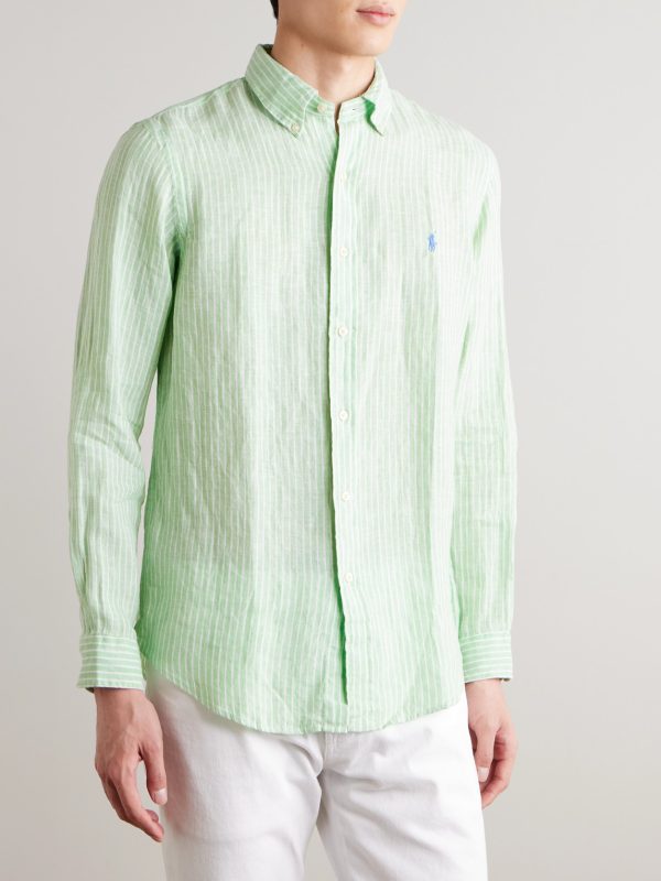 Button-Down Collar Logo-Embroidered Striped Linen Shirt - FR Button-Down Collar Logo-Embroidered Striped Linen Shirt - FR