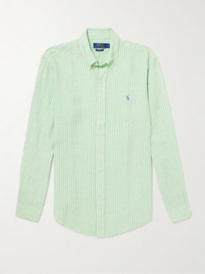 Button-Down Collar Logo-Embroidered Striped Linen Shirt