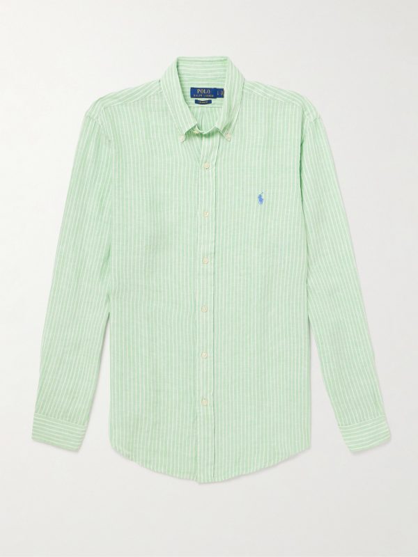 Button-Down Collar Logo-Embroidered Striped Linen Shirt Button-Down Collar Logo-Embroidered Striped Linen Shirt